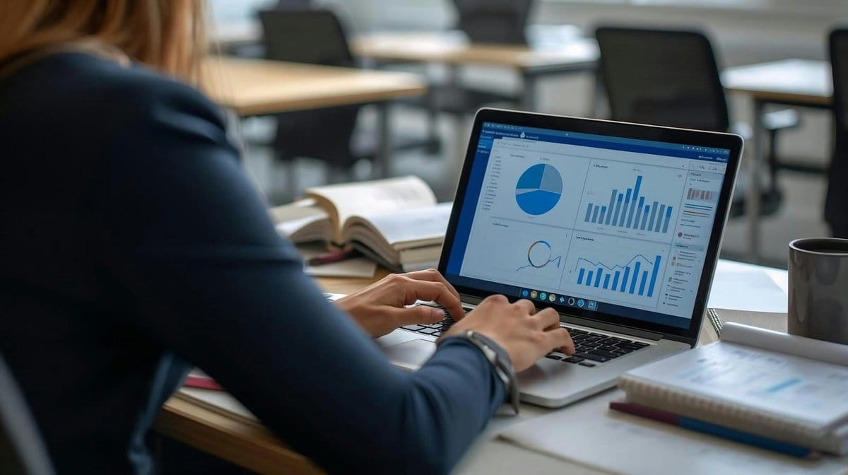 Werken aan een laptop met analytics-grafieken op het scherm